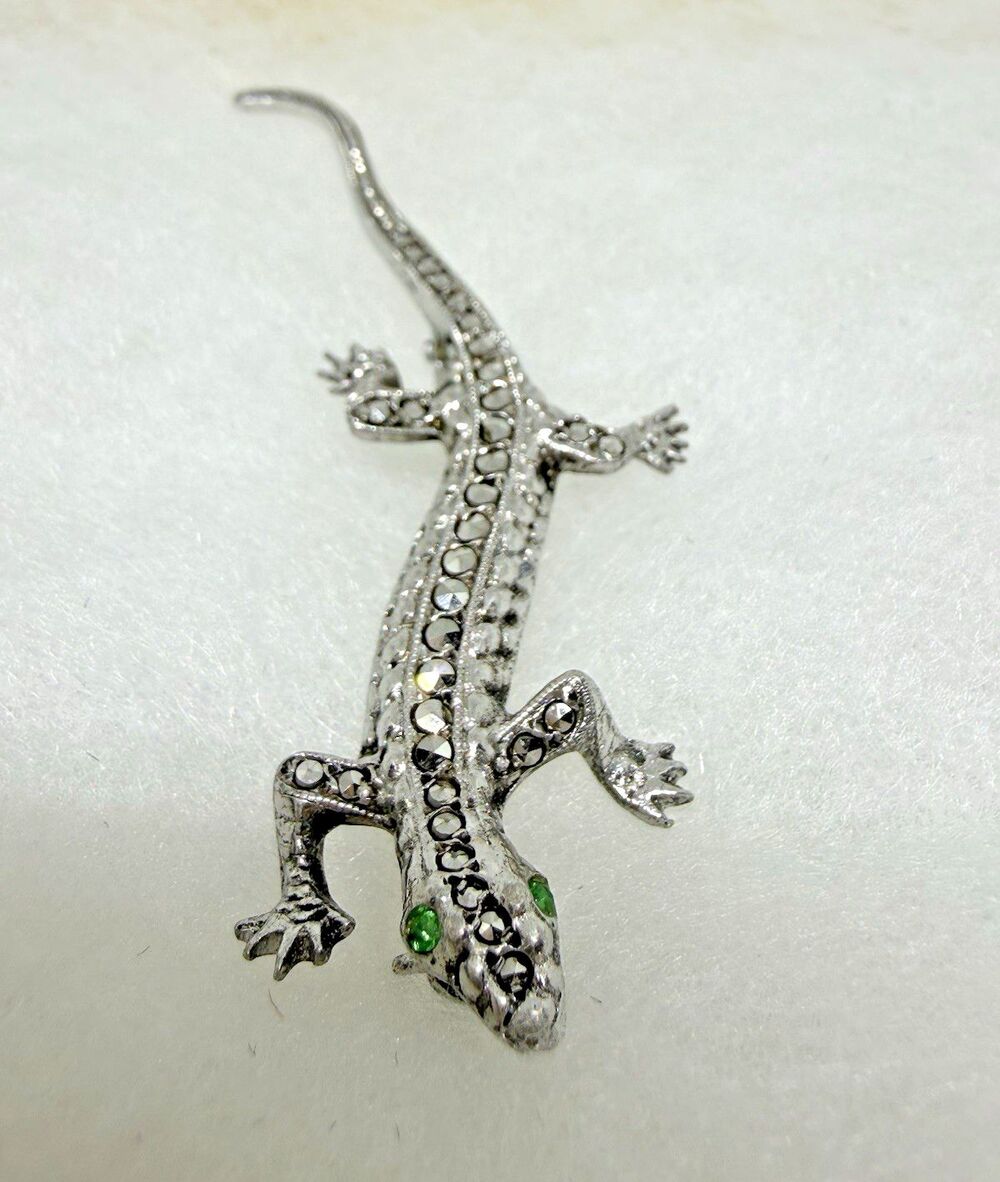 Vintage 835 Silver Marcasite Salamander Lizard Pin Brooch Malachite Eyes Rare